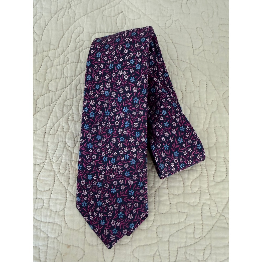 Ted Baker London Silk Wool Floral Tie Navy Pink Maximalist Designer Preppy 3"